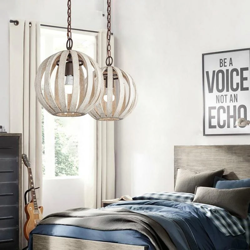 Rooney Rustic Hanging Cage Lamp in Wood and Iron, Flush Mount