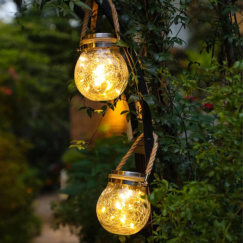 Lámpara colgante de jardín moderna con tarro de cristal redondo y guirnalda de luces LED