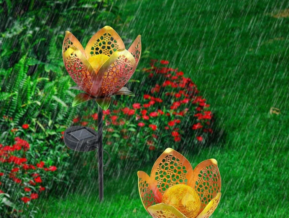 Solar Hollowed Flower Garden Pathway Stake Light in Iron