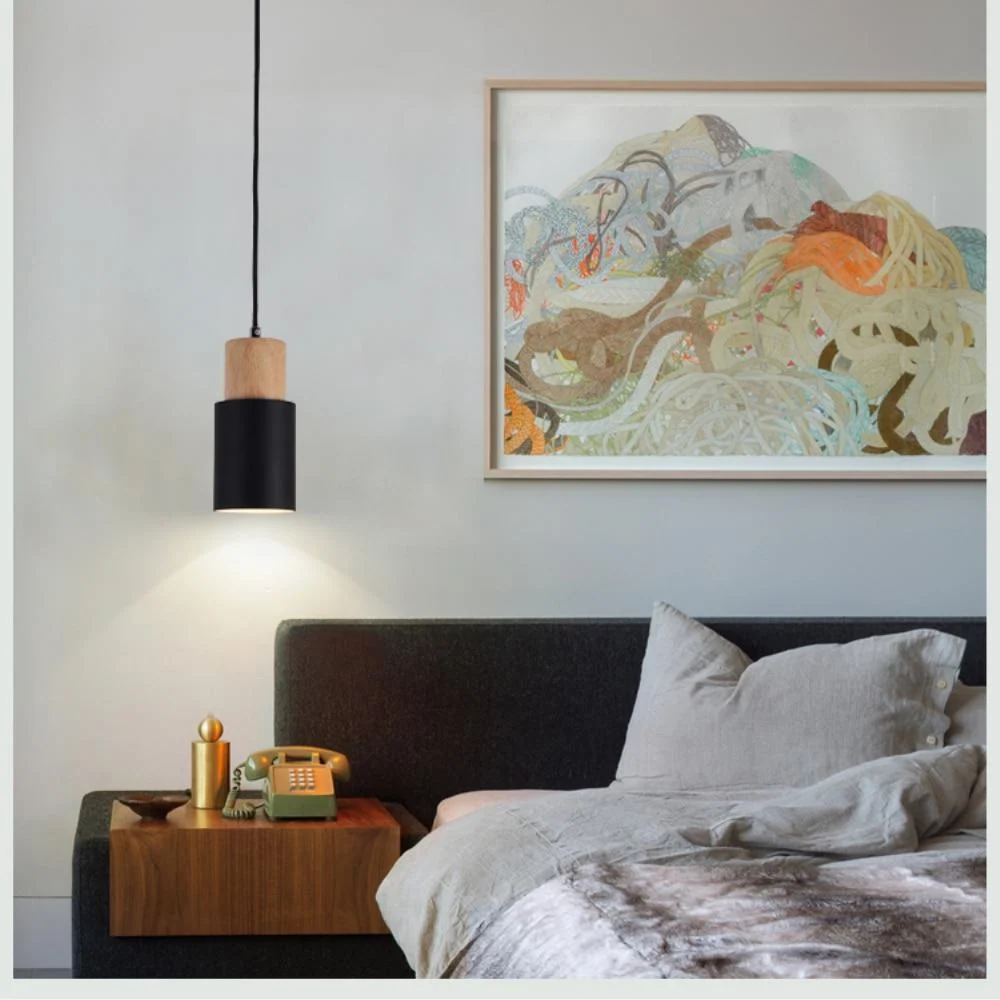 Designer Nordic Hanging Light with Wooden Base and Glass Stone Shade