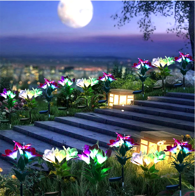 Luces LED de jardín con lirios artificiales de seda