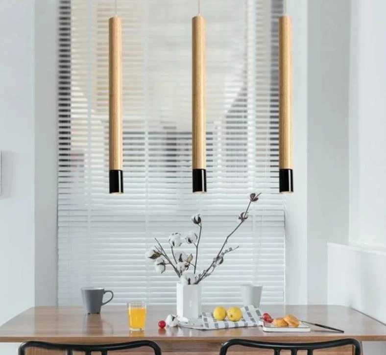 Ambrose Modern Nordic Long Hanging Wood Light in Iron and Wood