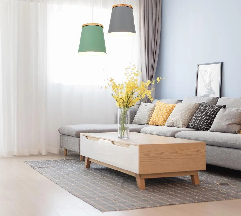 Modern Nordic Drop Down Lamp in Rubber Wood and Metal
