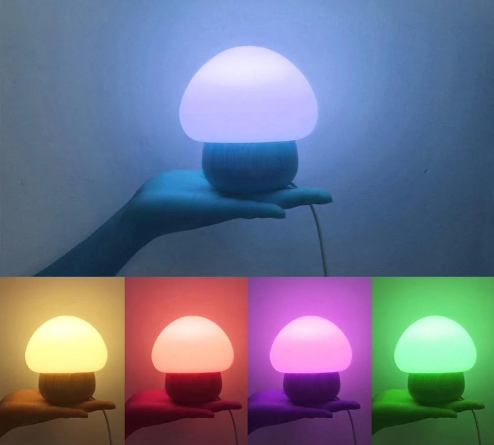 Lámpara de seta Champi con base de madera y control RGB
