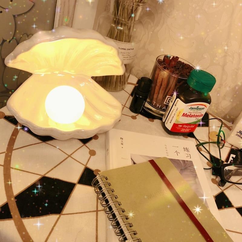 Sirenita Pearl and Shell Desk Lamp, Hand Painted Ceramic Light