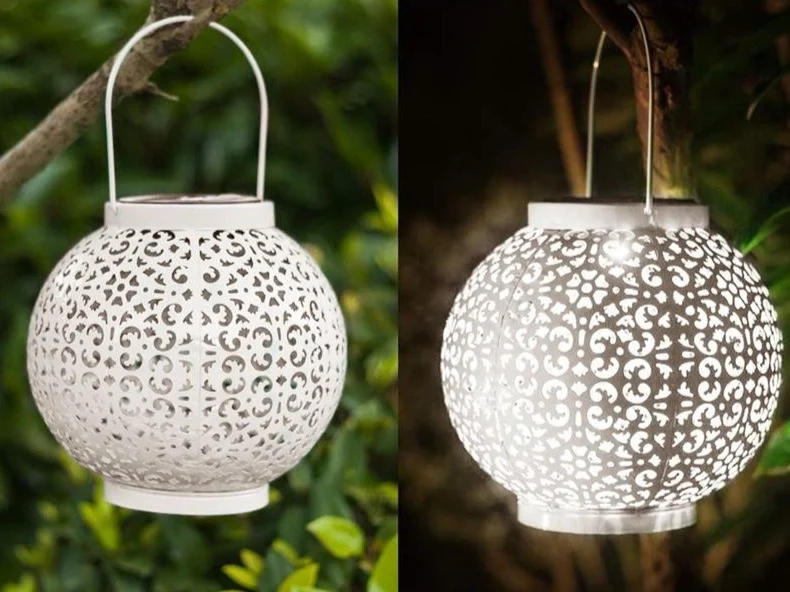 Bode Round Solar Hanging Shadow Cast Lantern in Stainless Steel
