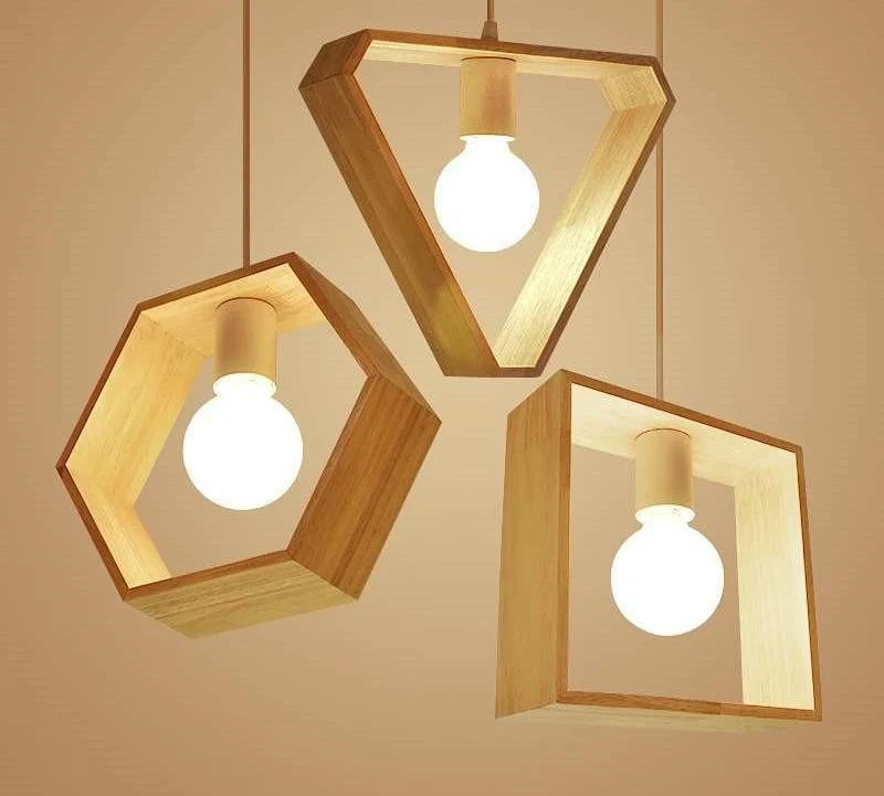 Geometric Hanging Wooden Lights with White Cord for Nordic Interiors