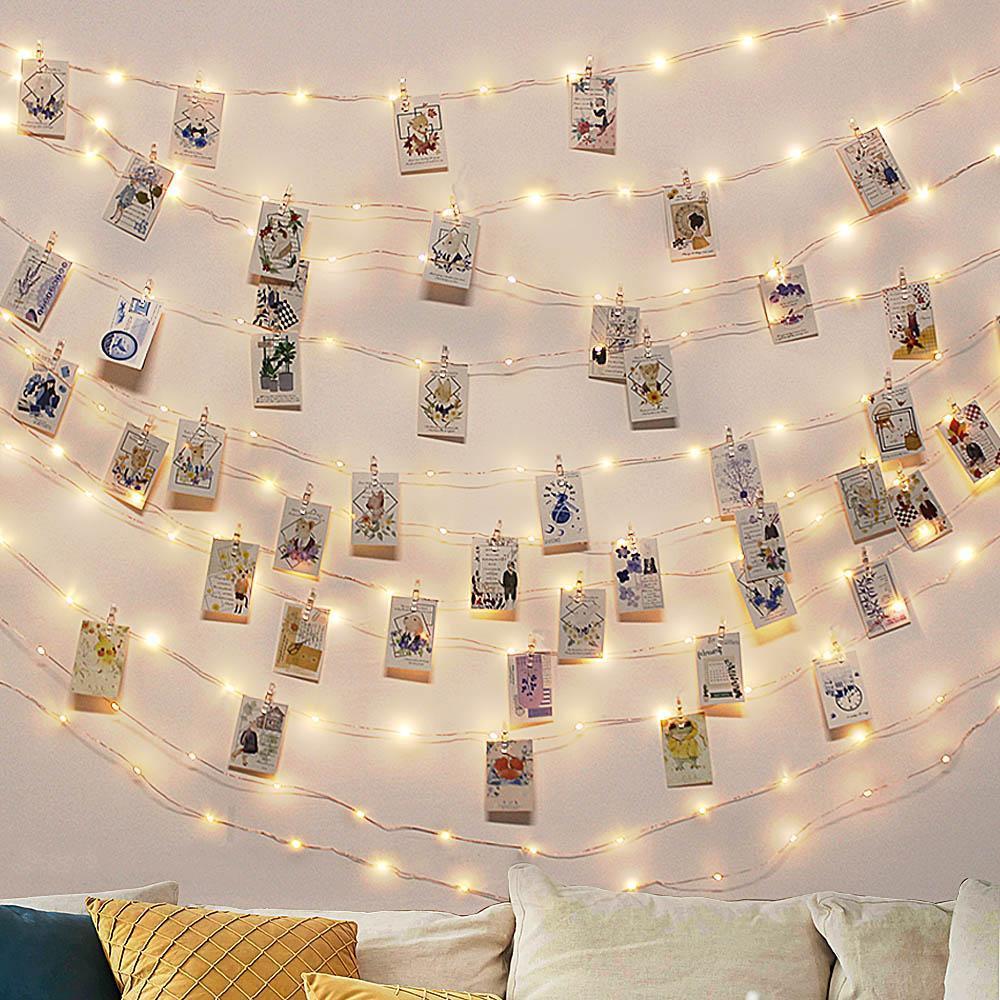 Strung LED Fairy Light String with Photo Clips in Warm White