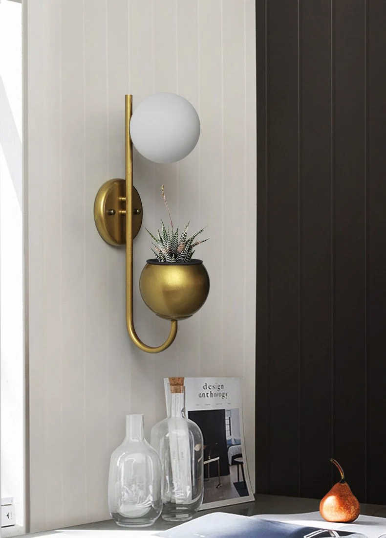 Hiram Modern Nordic Wall Mounted Planter Lamp in Painted Iron and Glass