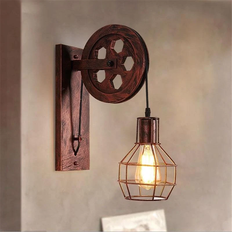 Loft Industrial Vintage Pulley Wall Mounted Lamp in Plated Iron