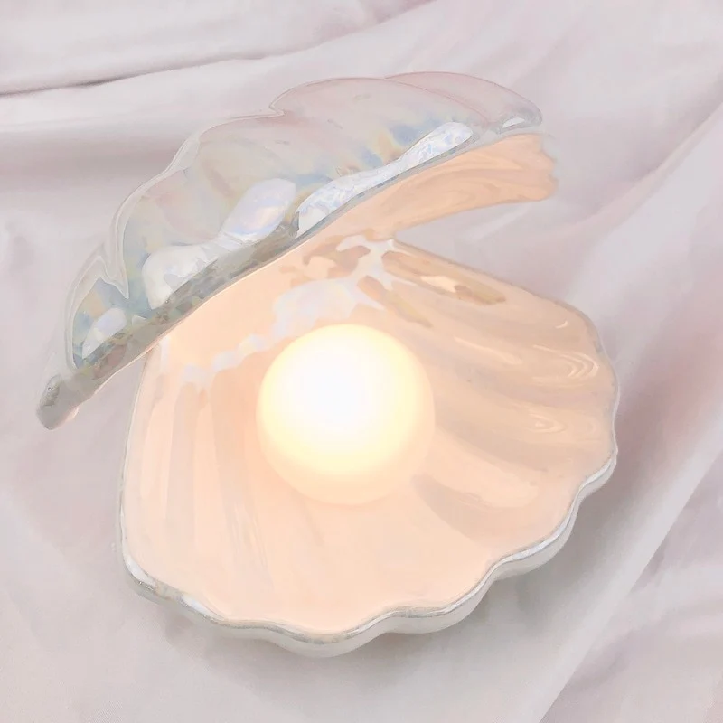Sirenita Pearl and Shell Desk Lamp, Hand Painted Ceramic Light