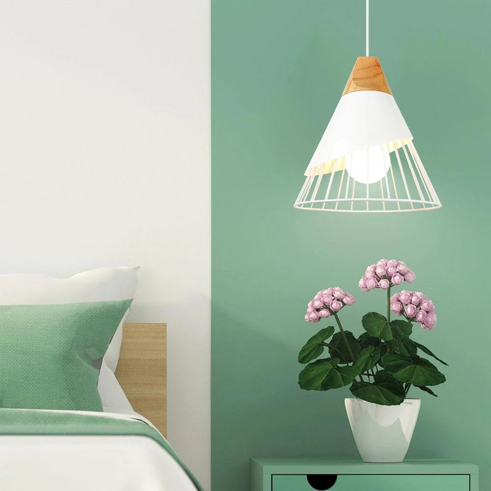 Wooden Base Iron Cage Hanging Nordic Lamp for Home and Restaurant