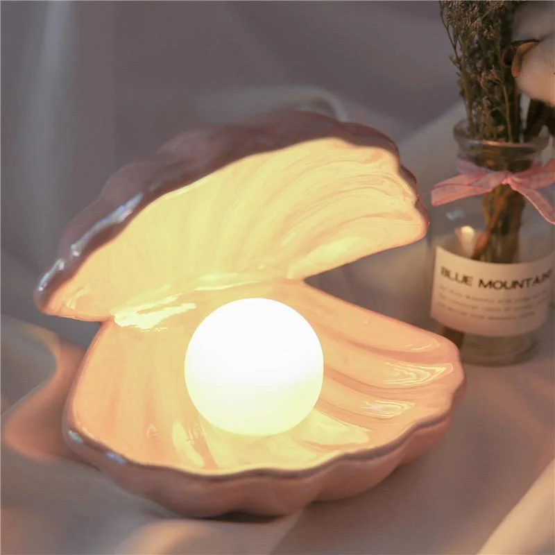 Sirenita Pearl and Shell Desk Lamp, Hand Painted Ceramic Light