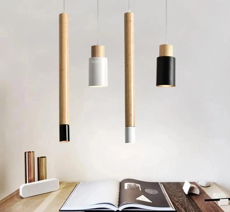 Ambrose Modern Nordic Long Hanging Wood Light in Iron and Wood