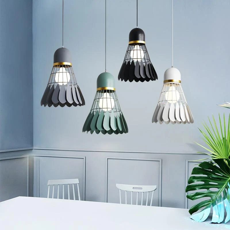 Minton Modern Nordic Art Deco Hanging Light in Painted Iron and Wood