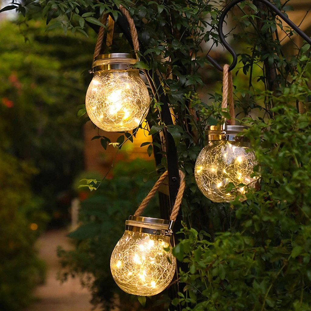Lámpara colgante de jardín moderna con tarro de cristal redondo y guirnalda de luces LED