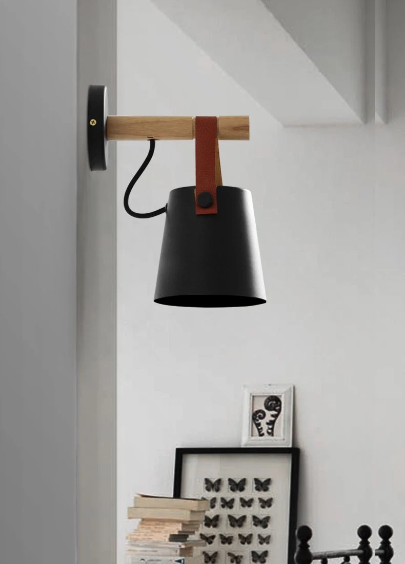 Nordic Hanging Wall Lamp with Iron and Wood Lantern Body