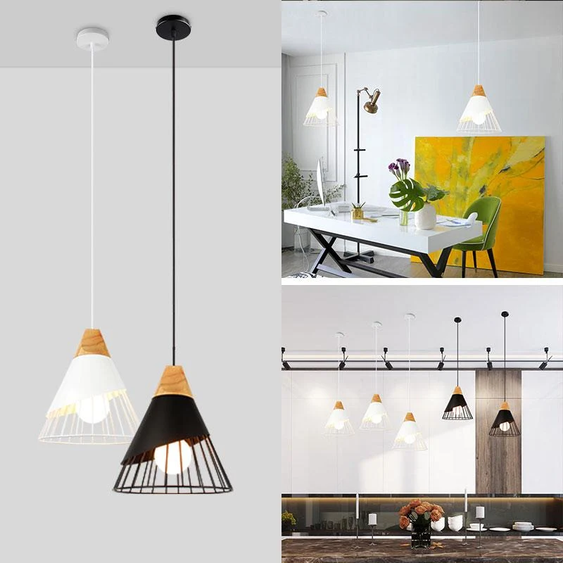 Wooden Base Iron Cage Hanging Nordic Lamp for Home and Restaurant