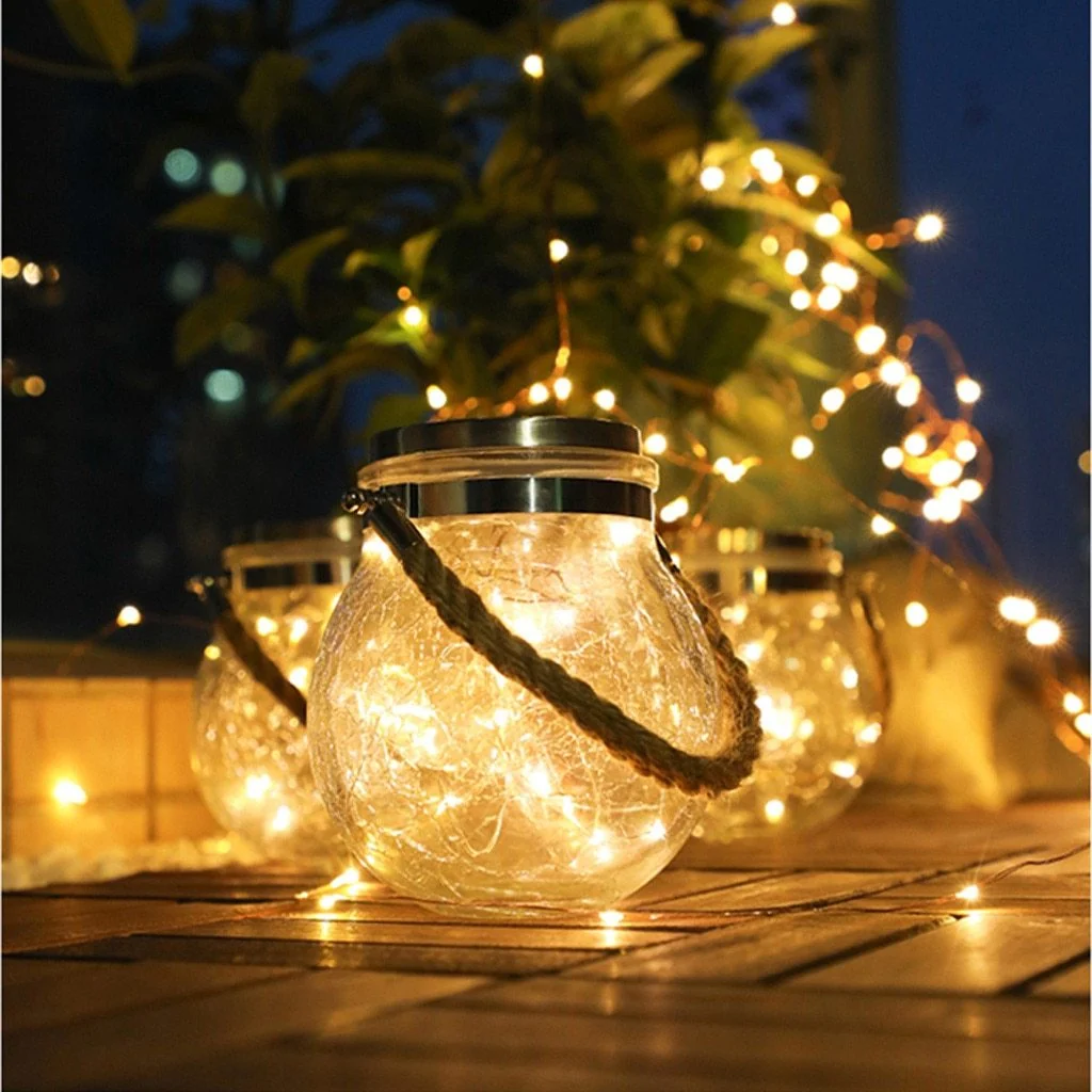 Lámpara colgante de jardín moderna con tarro de cristal redondo y guirnalda de luces LED