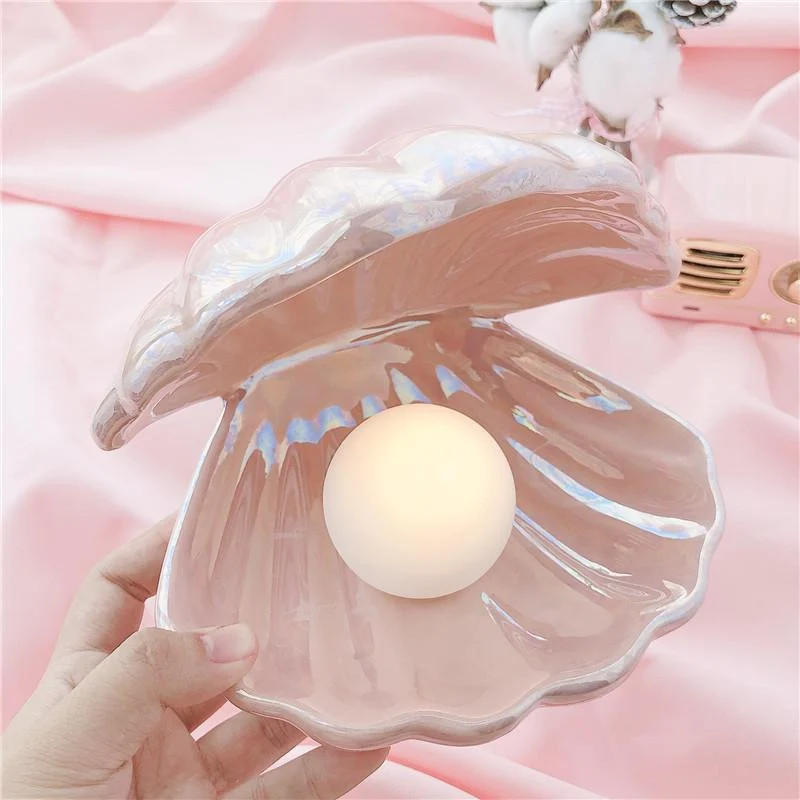 Sirenita Pearl and Shell Desk Lamp, Hand Painted Ceramic Light