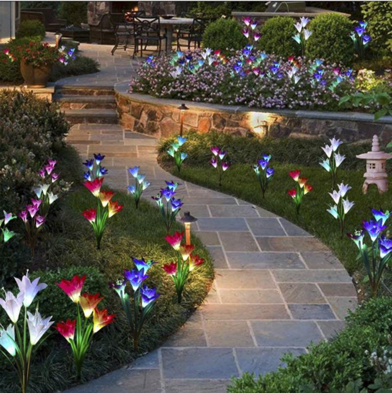 Luces LED de jardín con lirios artificiales de seda