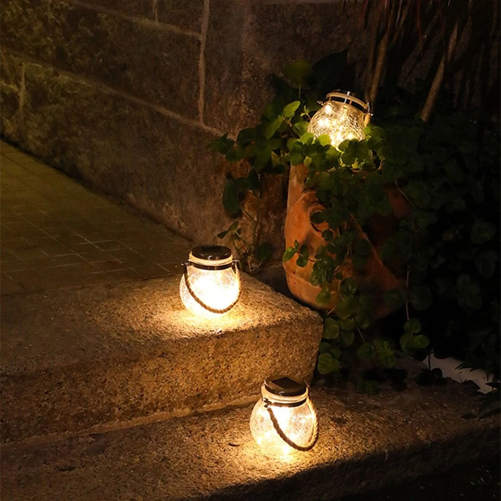 Lámpara colgante de jardín moderna con tarro de cristal redondo y guirnalda de luces LED