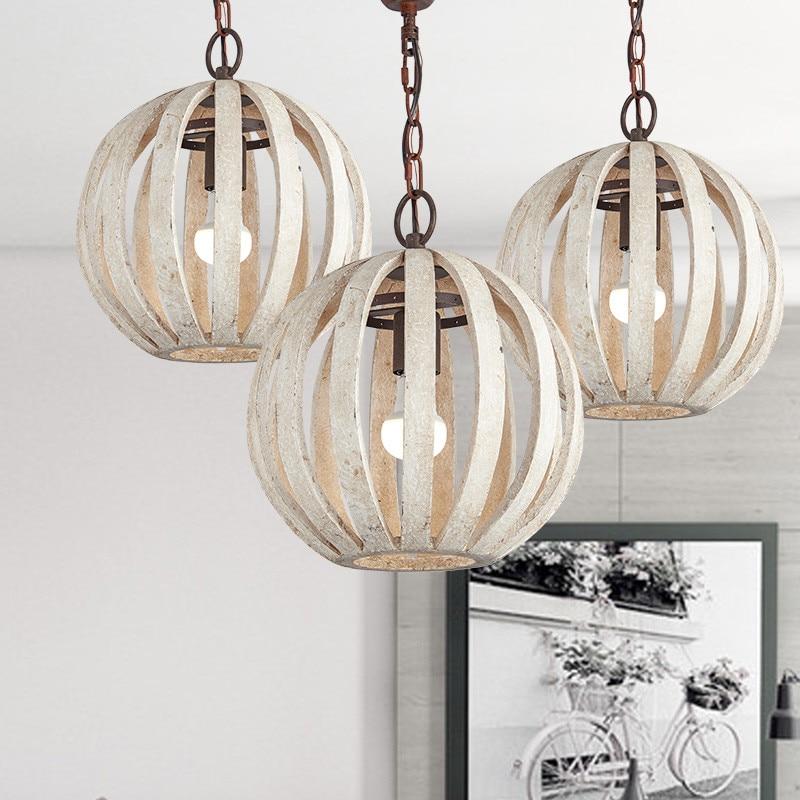 Rooney Rustic Hanging Cage Lamp in Wood and Iron, Flush Mount