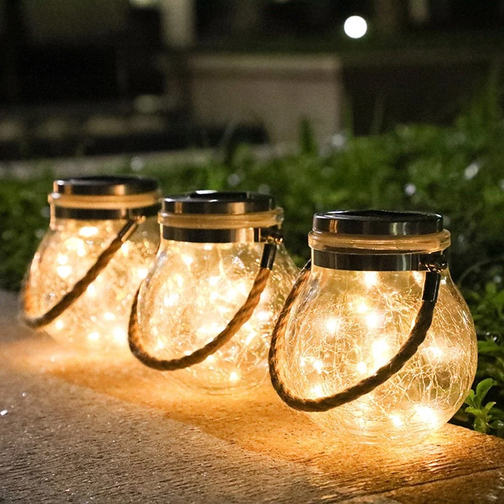 Lámpara colgante de jardín moderna con tarro de cristal redondo y guirnalda de luces LED