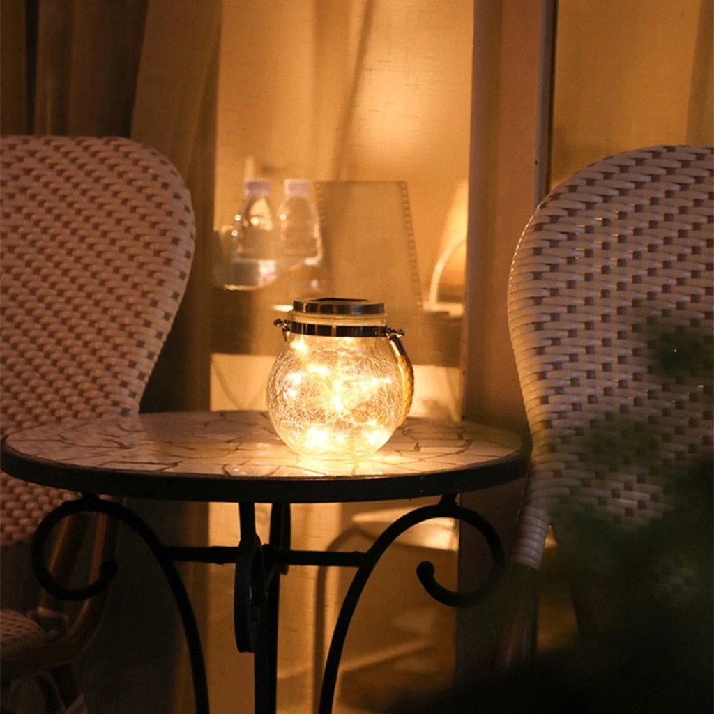 Lámpara colgante de jardín moderna con tarro de cristal redondo y guirnalda de luces LED