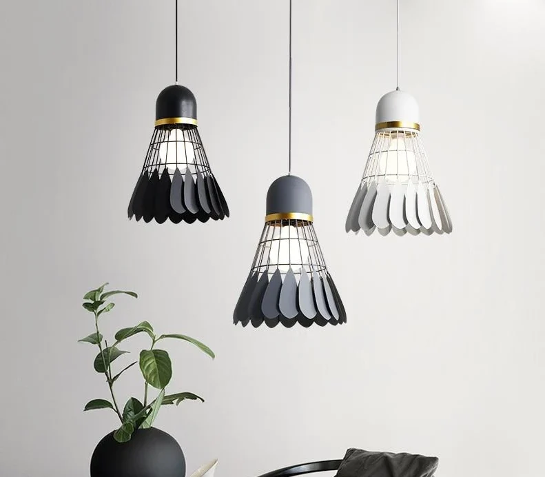 Minton Modern Nordic Art Deco Hanging Light in Painted Iron and Wood