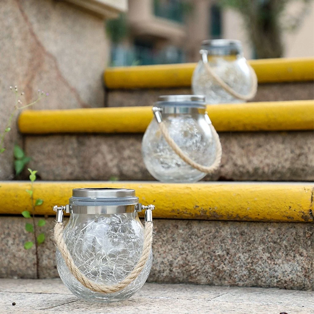 Lámpara colgante de jardín moderna con tarro de cristal redondo y guirnalda de luces LED