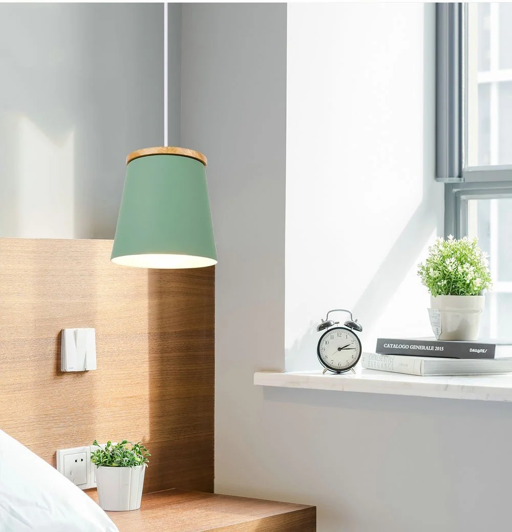Modern Nordic Drop Down Lamp in Rubber Wood and Metal