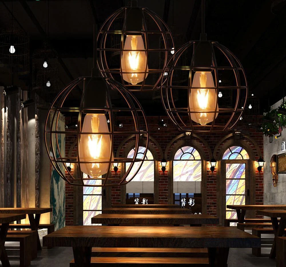 Spherical Hanging Cage Drop Ceiling Light in Black Iron