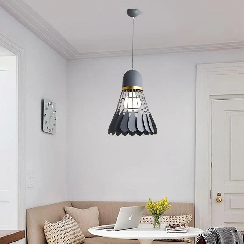 Minton Modern Nordic Art Deco Hanging Light in Painted Iron and Wood