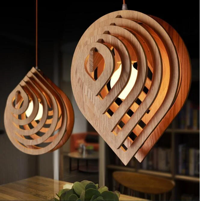 Indre Art Deco Modern Drop Pendant Light in Varnished Wood