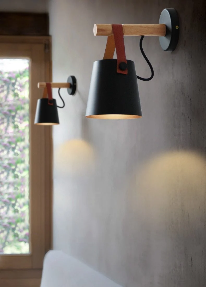 Nordic Hanging Wall Lamp with Iron and Wood Lantern Body