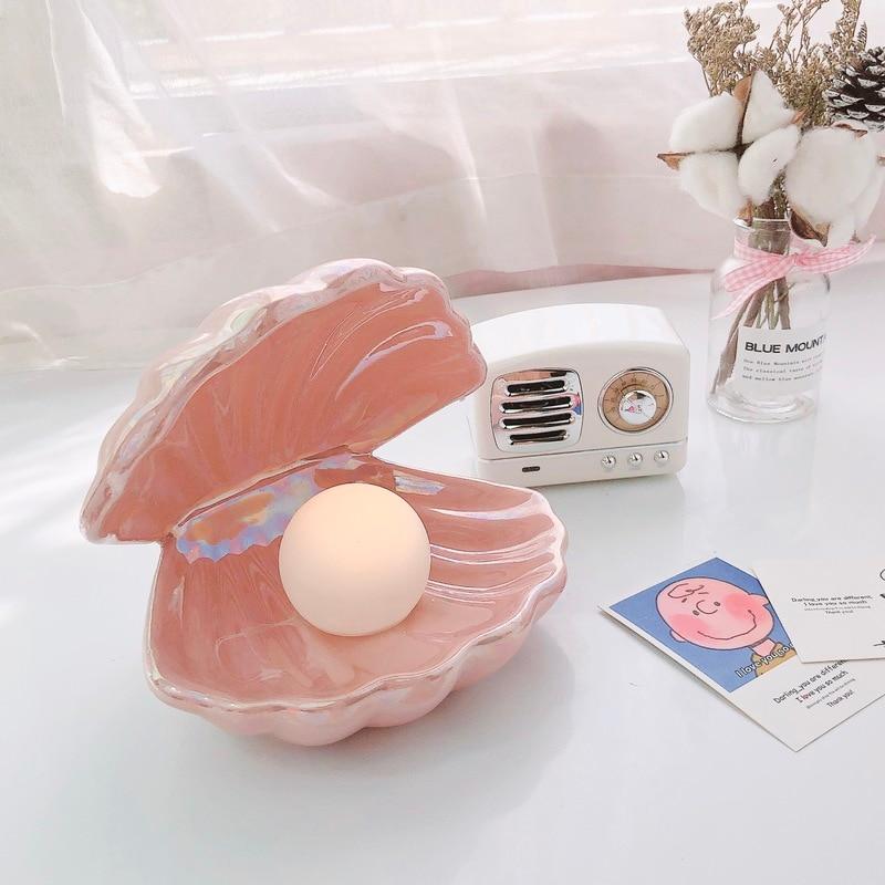 Sirenita Pearl and Shell Desk Lamp, Hand Painted Ceramic Light