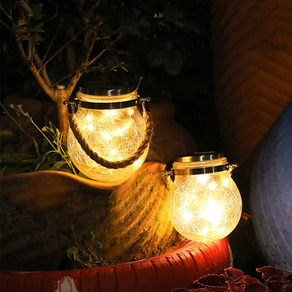Lámpara colgante de jardín moderna con tarro de cristal redondo y guirnalda de luces LED