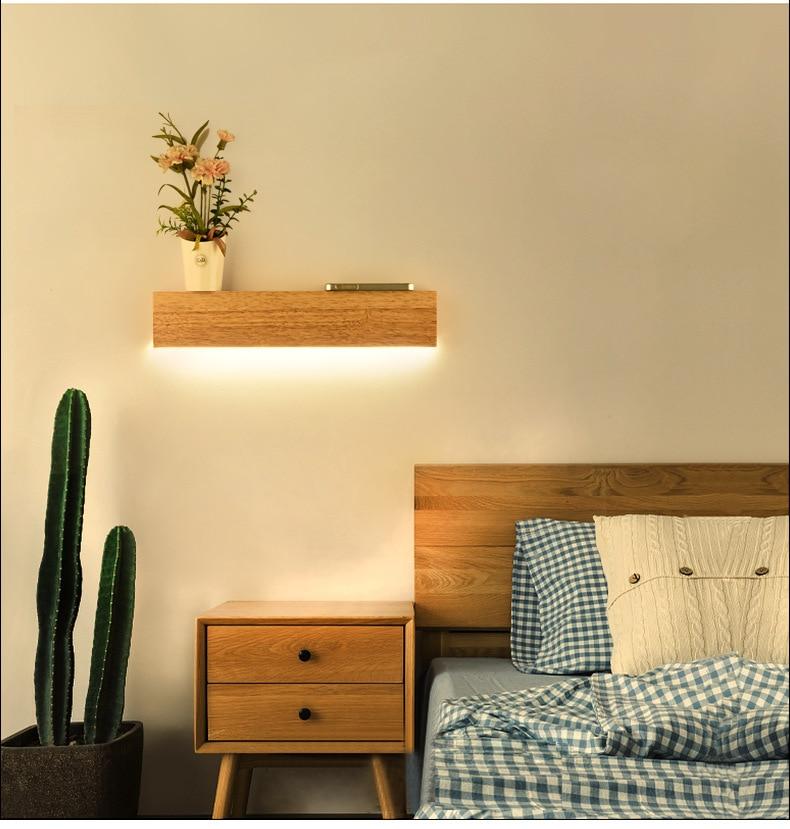 Eliana Solid Oak Wall Shelf and LED Lamp