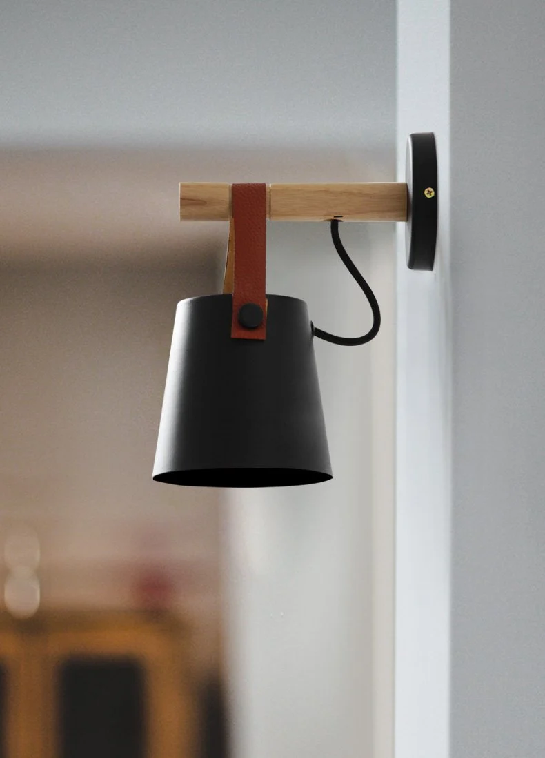 Nordic Hanging Wall Lamp with Iron and Wood Lantern Body
