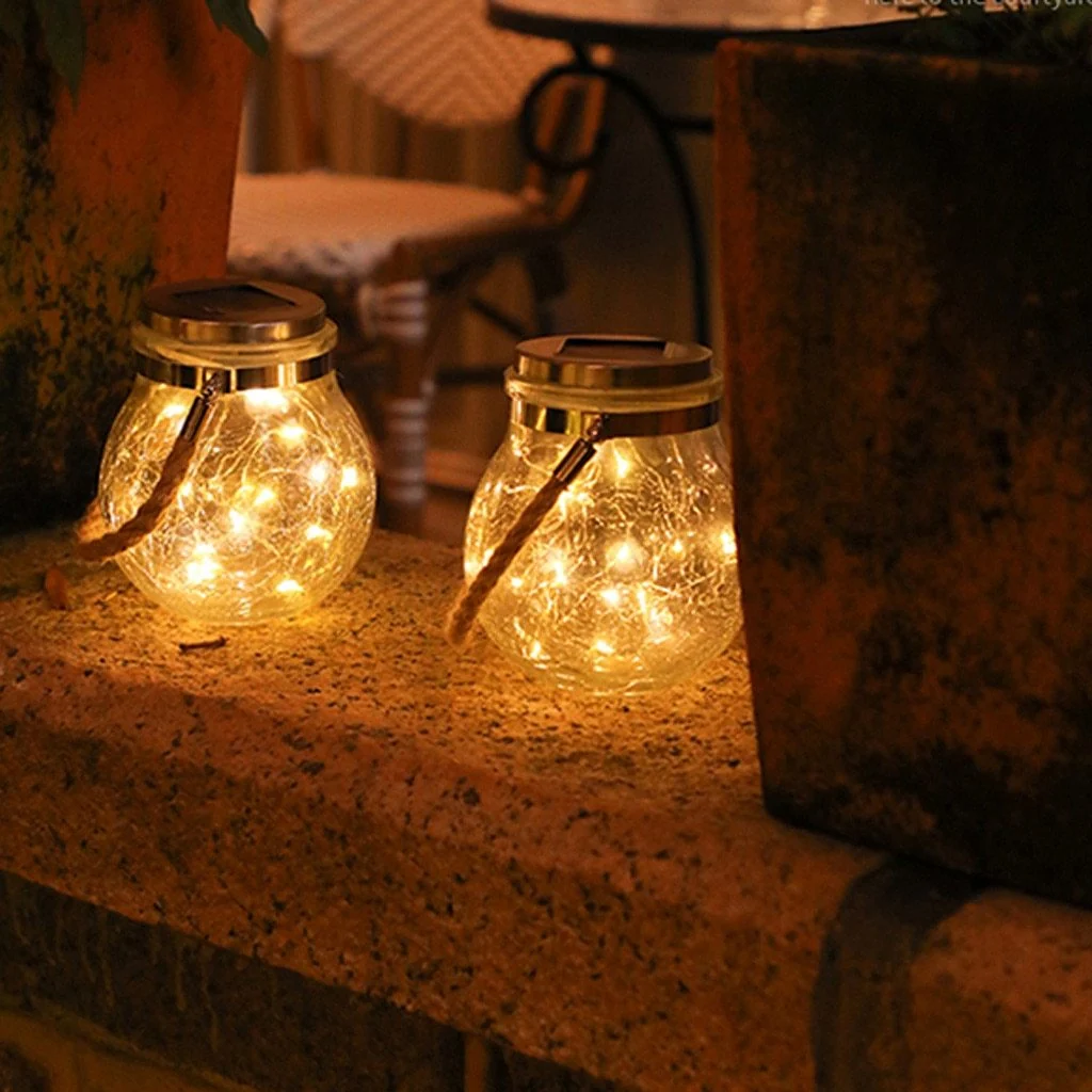 Lámpara colgante de jardín moderna con tarro de cristal redondo y guirnalda de luces LED