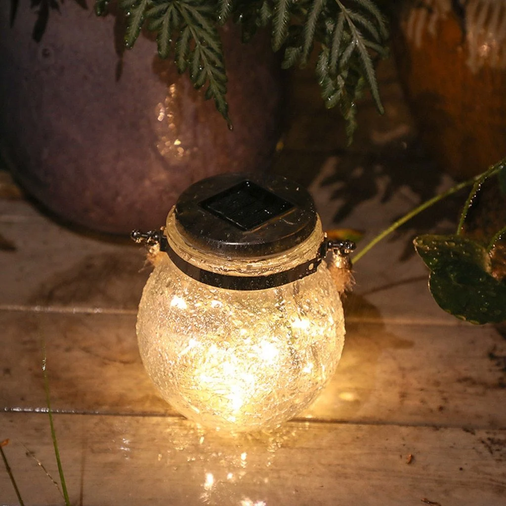 Lámpara colgante de jardín moderna con tarro de cristal redondo y guirnalda de luces LED