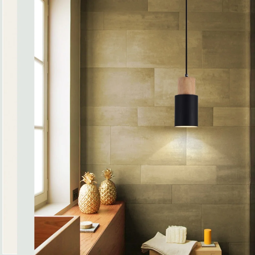 Designer Nordic Hanging Light with Wooden Base and Glass Stone Shade