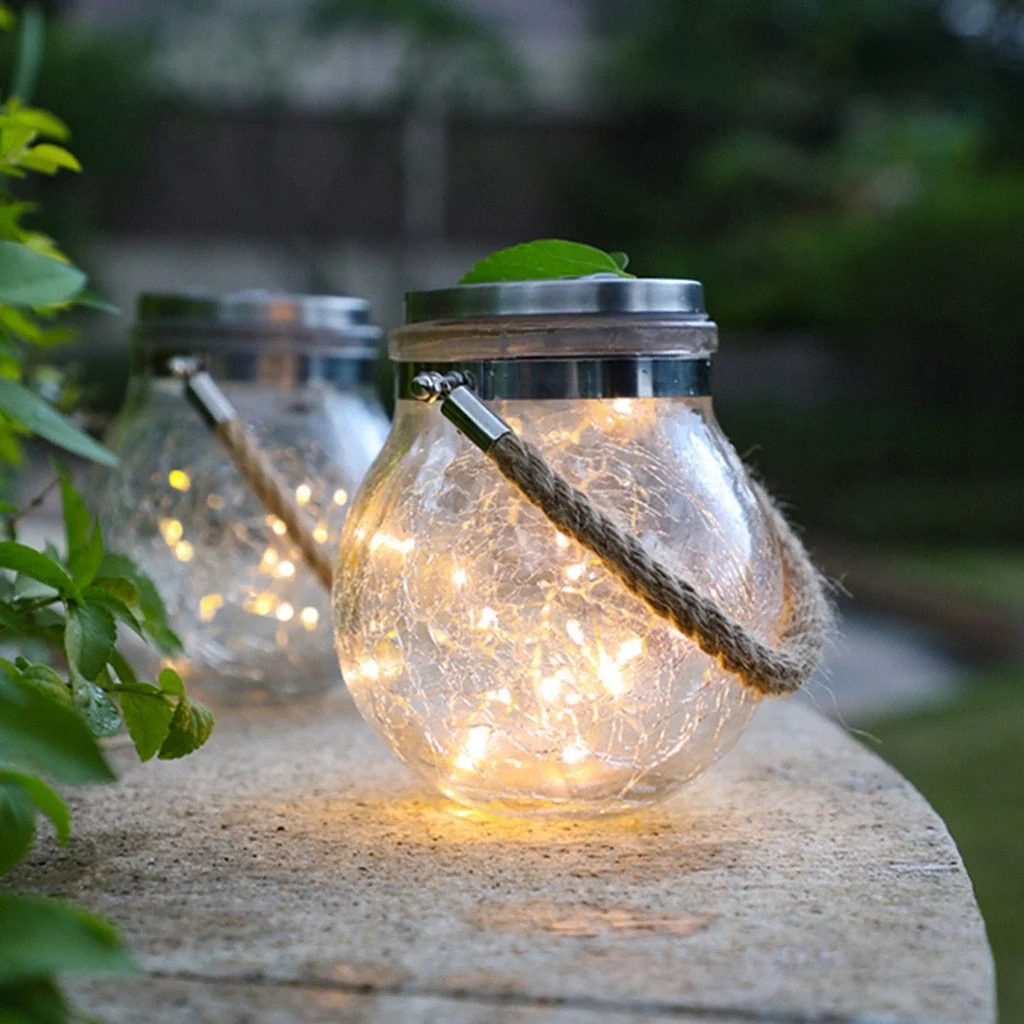 Lámpara colgante de jardín moderna con tarro de cristal redondo y guirnalda de luces LED