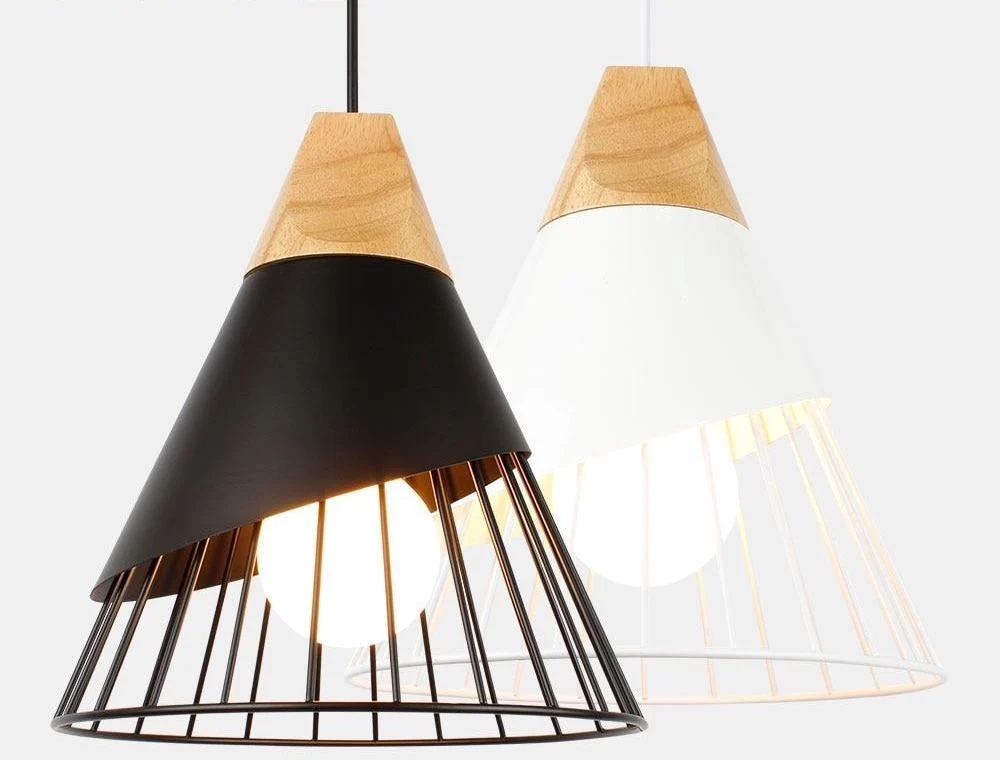 Wooden Base Iron Cage Hanging Nordic Lamp for Home and Restaurant